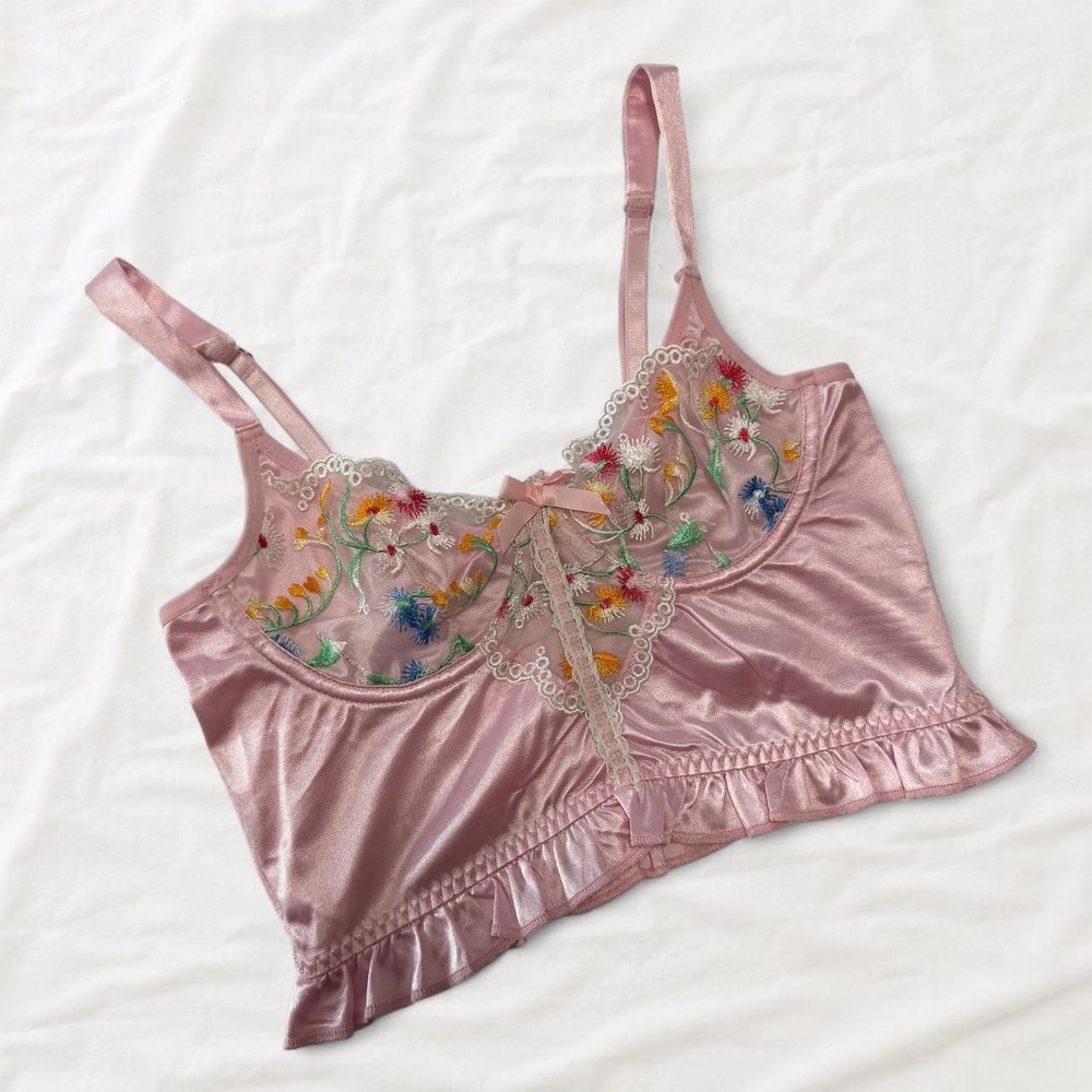 Unbranded Pink Embroidered Satin Camisole Floral Lace Ruffle Cami Top Kawaii